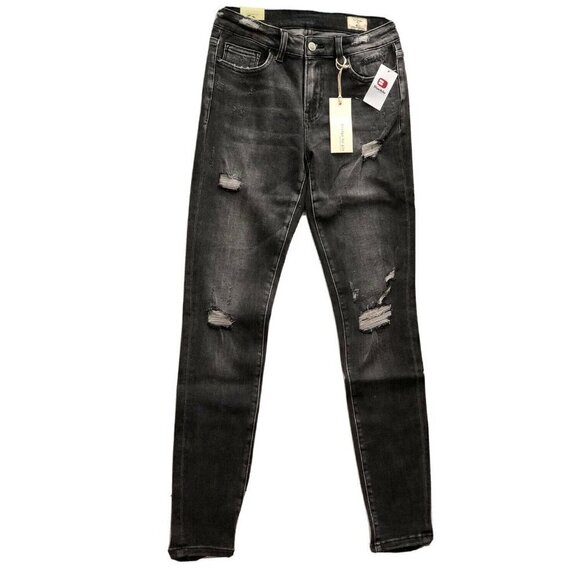 BRIDGE BY GLY Women's Black Destruct Denim Mid-Rise Skinny Stretch Jeans - Picture 4 of 12